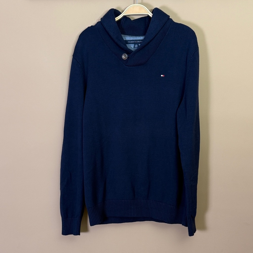 Tommy Hilfiger Men’s Navy V-Neck Shawl Collar Sweater